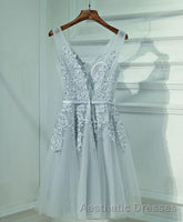 Gray A Line Lace Tulle Short Evening Prom Dresses, Homecoming Dresses